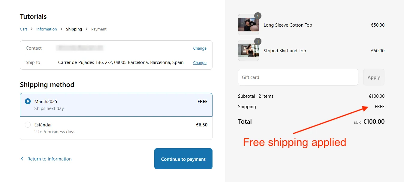 Shopify checkout free shipping rate applied