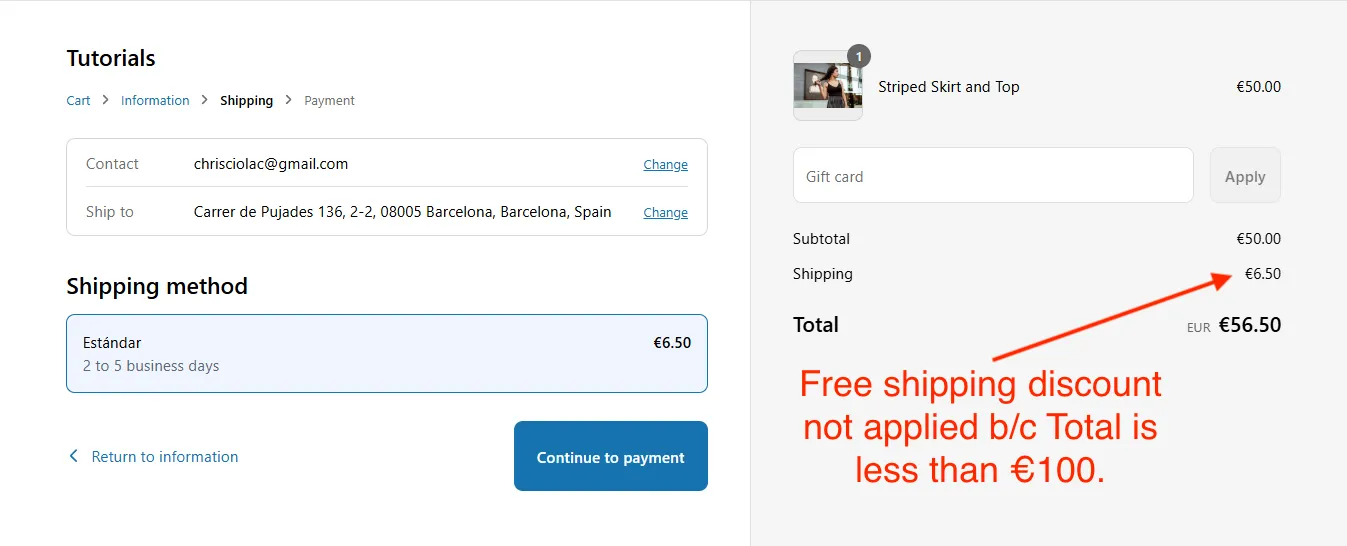 Shopify store checkout paid shipping